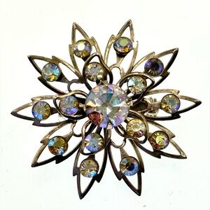 Vintage MCM SilverTone Floral Starburst AB Aurora Borealis Crystals Brooch